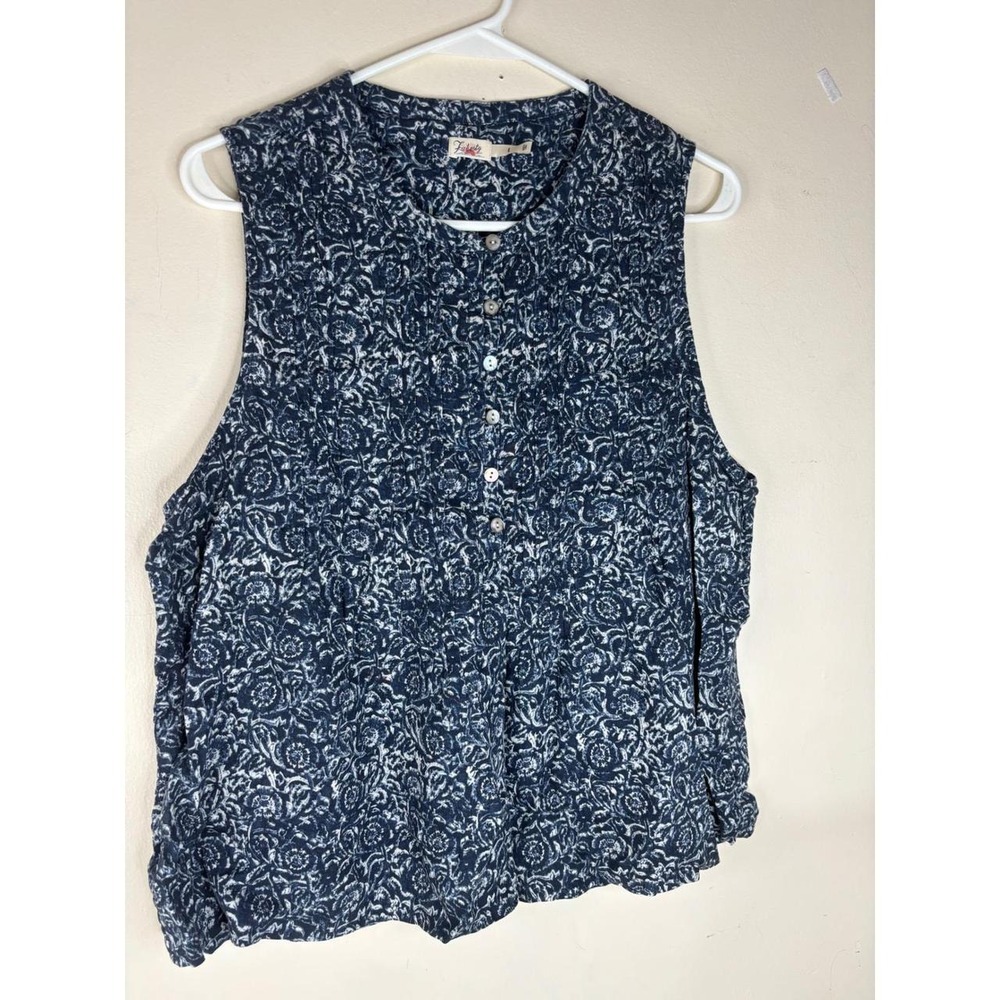 Faherty Isha Blue & White Floral Linen Blend Pintuck Tank Top
